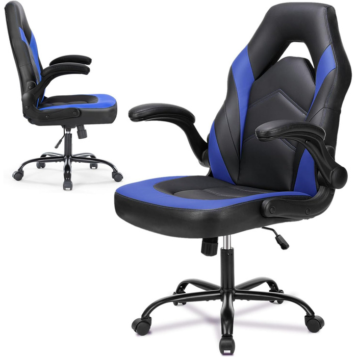 Ергономічне ігрове крісло зі складними підлокітниками, регульована висота (107-116 см), поворот на 360, штучна шкіра, тихі колеса, складні підлокітники, офісне крісло для ігор та домашнього офісу, синього кольору