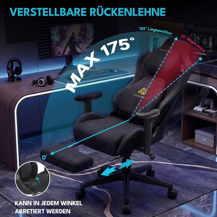 Ігрове крісло, офісне крісло, ергономічне, дихаюче ігрове крісло зі штучної замші, робоче крісло з підставкою для ніг, підголівником та поперековою подушкою, 3D-підлокітники, спинка 90-155, чорний колір