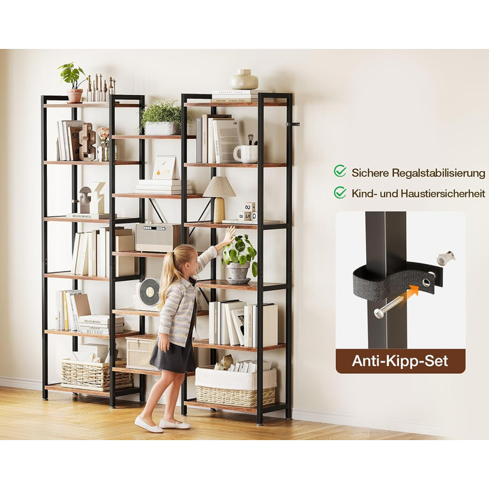 Книжкова полиця Coleshome з 17 полицями, металевий каркас, 6 ярусів, промисловий дизайн, стелаж-перегородка з місцем для зберігання, 22 x 125,6 x 177,2 см, окремостояча полиця для офісу, вітальні, спальні, кухні, коричнева, 6 ярусів