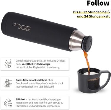 Термос 720DGREE з чашкою 1 л Follow 3 розміри, зберігає температуру 12 годин, холодну 24 години, герметична, без BPA термопляшка з нержавіючої сталі, ізольована для кави, чаю на роботі, в школі, в дорозі 1000 мл, чорний онікс міцний матовий чорний