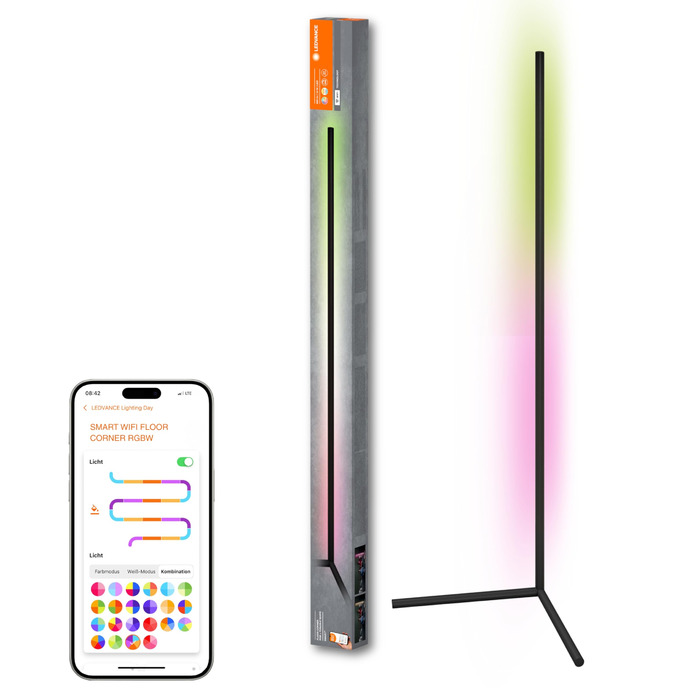 Розумна WiFi LED-торшерна лампа LEDVANCE Smart Corner, RGBW біле світло (2700-6500K), 10 Вт, 600 лм, 1400 мм, керування через додаток або голосові помічники (Alexa, Google), базовий комплект для приміщень