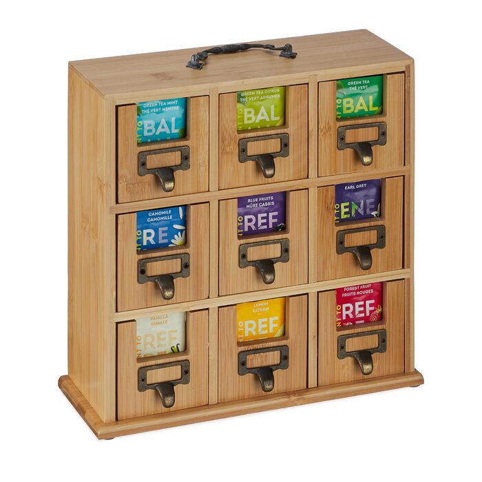 Органайзер для чаю Relaxdays, 9 відділень, бамбук, ВxШxГ 29 x 30 x 11,5 см, для стояння або підвішування, для зберігання чаю, натуральний