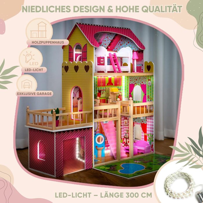 Дерев&39яний ляльковий будиночок Kinderplay Велика 3-поверхова вілла з гаражем та садом Світлодіодне освітлення, 17 предметів меблів Для дітей від 3 років, Ляльки до 30 см 90 см заввишки, Рожевий