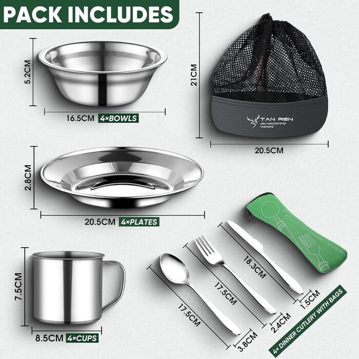 Набір столових приборів для кемпінгу TAN REN для 4 осіб, 24-предметний набір посуду для кемпінгу з нержавіючої сталі, набір столових приборів для пікніка, столові прибори для подорожей на свіжому повітрі з нержавіючої сталі з ножем, виделкою, ложкою для п