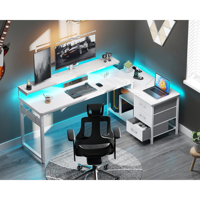 Г-подібний письмовий стіл ODK з шухлядами, кутовий стіл 174x100 см, білий з перевернутою полицею, ігровий стіл зі світлодіодним підсвічуванням та підставкою для монітора, комп&39ютерний стіл, офісний стіл для кабінету або спальні, 174x100 см, білий