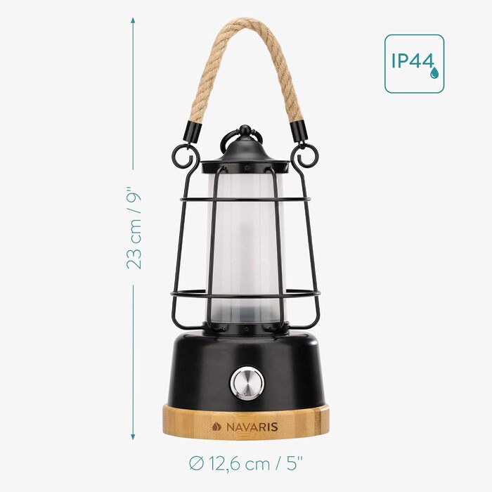 Акумуляторний світлодіодний ліхтар Navaris - Ліхтар для вулиці та приміщень з батареєю - Портативний бездротовий настільний світильник з регульованою яскравістю - Лампа для кемпінгу з регулюванням колірної температури, чорний