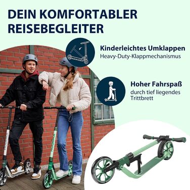 Самокат HUDORA BigWheel 205 Advanced комфортний алюмінієвий самокат до 100 кг, з регулюванням висоти та можливістю складання, для дітей, підлітків та дорослих, колір Pine