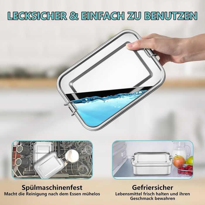 Ланчбокс Onader з роздільниками, нержавіюча сталь, бенто-бокс для дітей та дорослих, контейнер для перекусу знімною перегородкою для пікніка, школи та подорожей, герметичний та придатний для миття в посудомийній машині - 850 мл