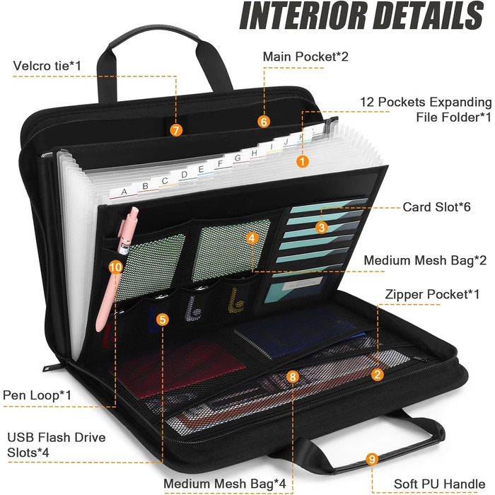Папка для документів Uquelic A4 з ручкою, органайзер для документів з 12 відділеннями та кількома відділеннями, папки з файлами, що розширюються, для офісу, домашньої школи (чорний)