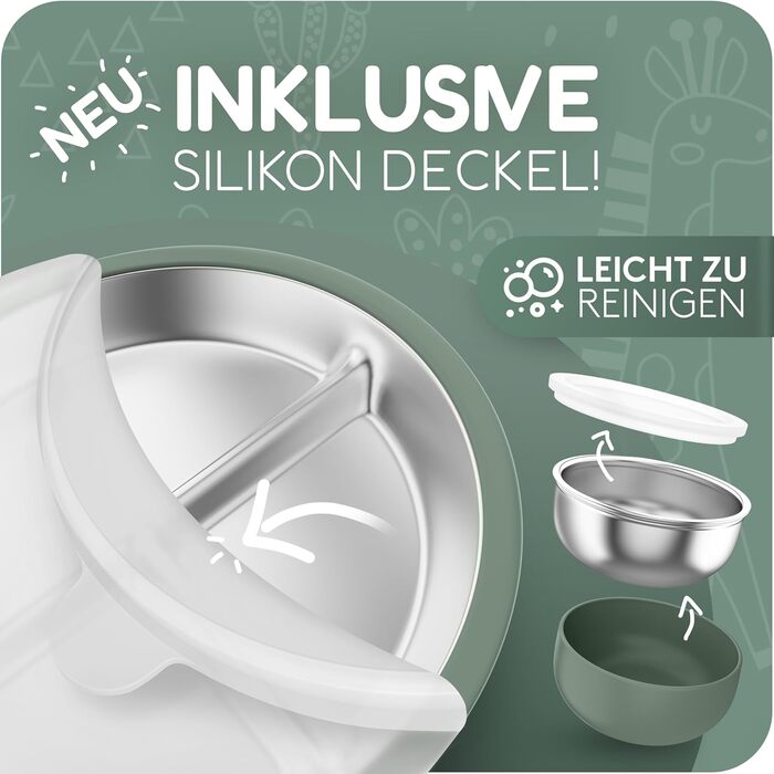 Дитячий набір посуду з нержавіючої сталі mamou, 6 предметів Тарілка та миска з кришкою, столові прибори та нагрудник Без бісфенолу А, гігієнічний та несмачний Екологічний та довговічний Дитячий та малюковий колір