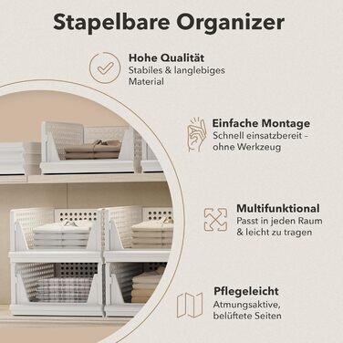 Набір органайзерів для гардеробу з 3 шт. (складані та штабелюються) коробки-органайзери для гардеробу, компактні пластикові коробки для зберігання підходять для гардеробних, ванних кімнат, кухонь та офісів білі