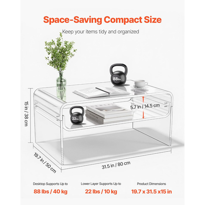 Журнальний столик VEVOR, приставний столик, 2-ярусний диван-столик з полицею для зберігання, сучасний прямокутний акриловий журнальний столик, ідеально підходить для їдальні, кухонного острова, ресторану, офісу, 50 x 80 x 38 см (прозорий)