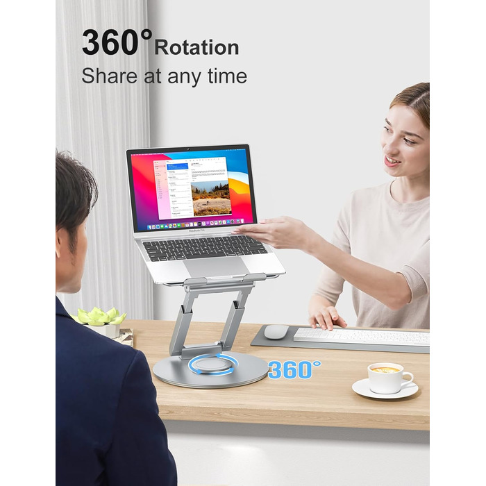Підставка для ноутбука з регульованою висотою та поворотною базою на 360, ергономічна підставка для ноутбука, збільшувач висоти для робочого столу, стійка для ноутбука для роботи стоячи, сумісна з MacBook Pro та ноутбуками 1017 дюймів, срібляста