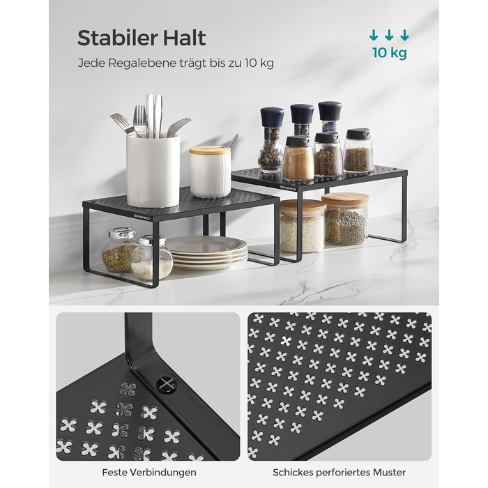 Стійка для спецій, Набір з 4 шт. , Кухонна полиця, Кухонний органайзер, Кухня, Тримач для спецій, Розширюваний, Штабелюється, Маленька полиця, Метал, Чорнильно-чорний KCS006B01