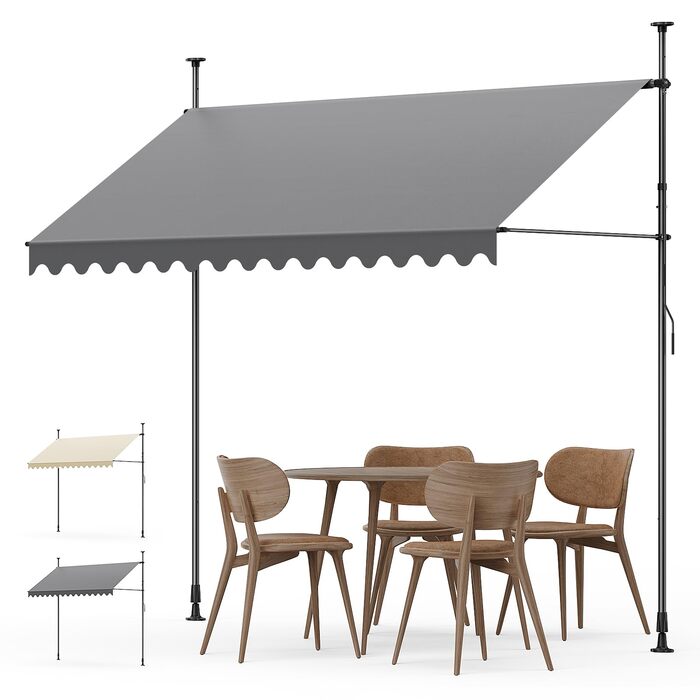 Тент-затискач сірий (250 x 175 см) Балконний тент без свердління Тент-затискач з ручним приводом Водонепроникний та сонцестійкий 250 x 175 см