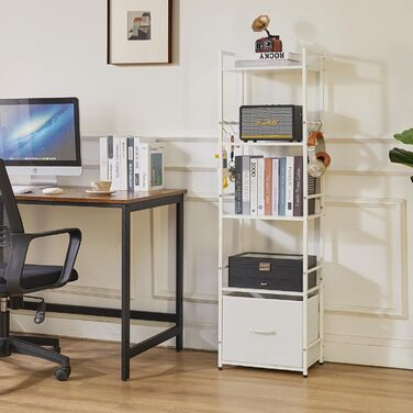 Полиця-драбина, книжкова полиця, 5-ярусна книжкова полиця з шухлядою, підставка для рослин, книжкові полиці для вітальні, спальні, кухні, сталевий каркас, білий YD-BC001W 39x26x136см Білий