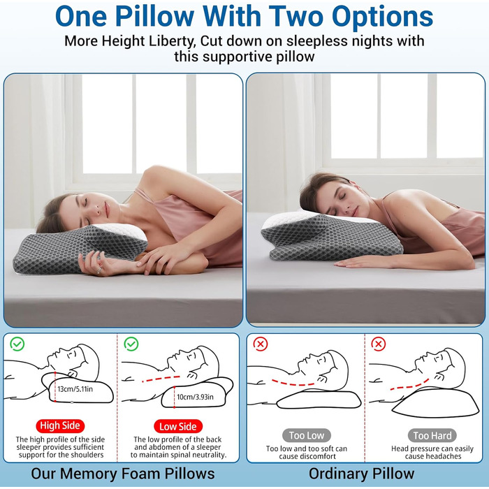 Подушка для шиї, подушка з піни з ефектом пам&39яті, ергономічна подушка, ортопедична подушка. Підходить для сну на боці, спині та животі. Полегшує біль у плечах та забезпечує полегшення. 60 * 34 * 13/10 см