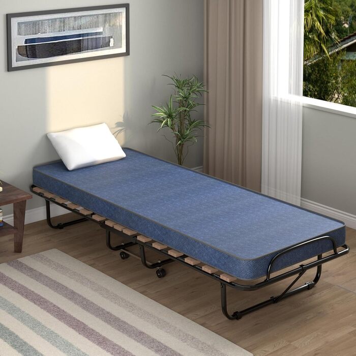Гостьове ліжко COSTWAY 80x190 см з матрацом з піни з ефектом пам&39яті, розкладне односпальне ліжко, міцне металеве ліжко (витримує вагу до 130 кг), розкладне ліжко на колесах, ліжко для кемпінгу, переносне ліжко, синє 80 x 190 x 33 см
