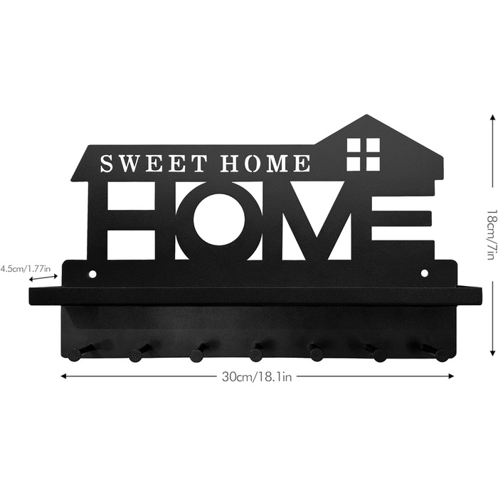 Ключниця з поличкою без свердління чорна, Ключниця сучасна, Ключниця настінна з 7 гачками для ключів і вішалкою, Ключниця для прик