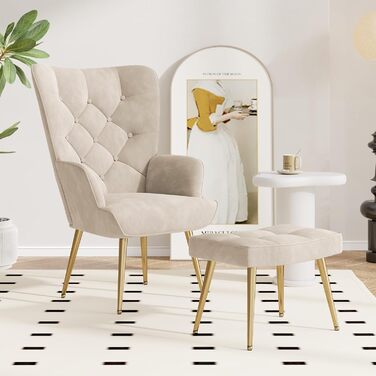 Крісло, диван для вітальні, сучасне крісло-гойдалка, реклайнер з металевими ніжками, оксамит, для вітальні/спальні, до 150 кг (кремовий, з підставкою для ніг) з підставкою для ніг, кремовий