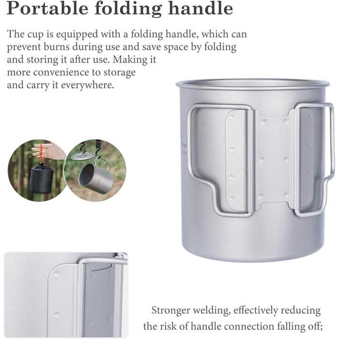 Одностінна титанова кружка Boundless Voyage з кришкою, складна ручка, для активного відпочинку на природі, кемпінгу, надлегка, для води, чаю, кави, 750 мл, 750 мл, 1 упаковка