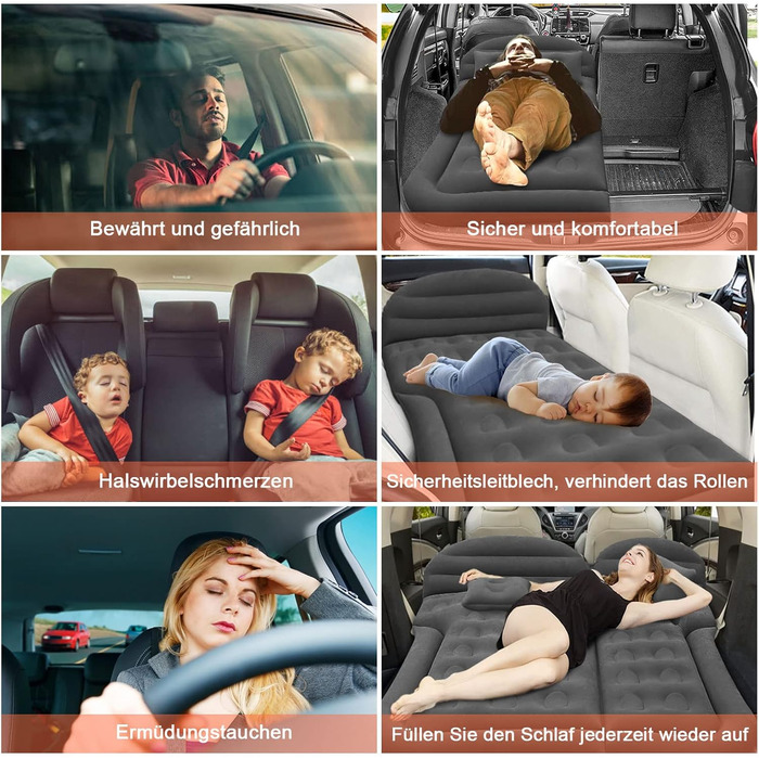 Надувний матрац для автомобіля, позашляховик, надувний матрац з насосом, MPV, надувний матрац, кемпінг, автомобільна подушка, товстіший надувний матрац для заднього сидіння з двома подушками для кемпінгу, подорожей, двору, пляжу, чорного кольору