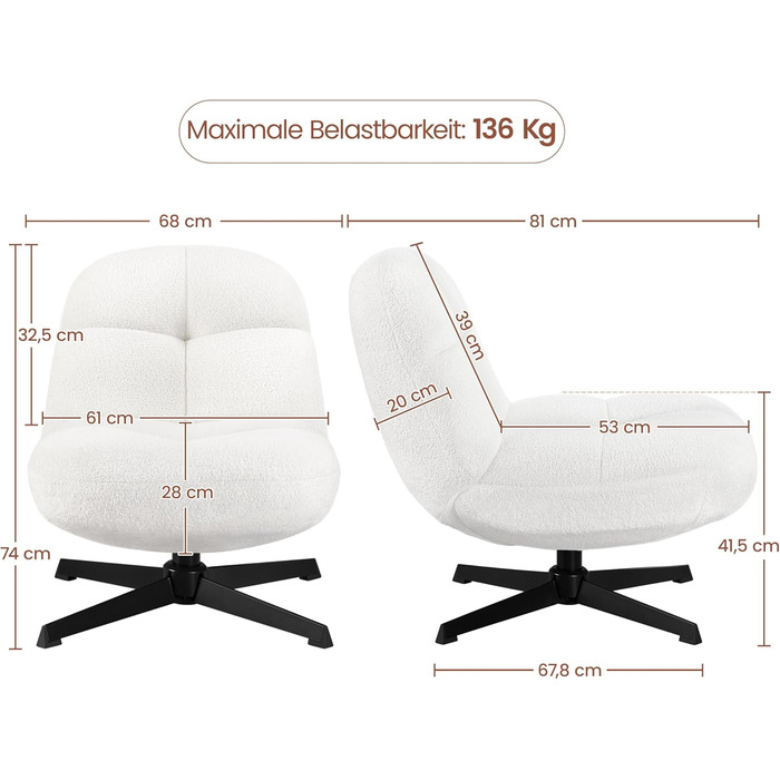 Крісло Yaheetech з тканини букле, м&39яке крісло без підлокітників, сидіння з поворотом на 360, крісло для вітальні/спальні/вітальні, білий колір