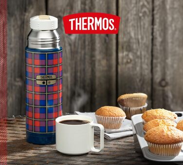 Пляшка для напоїв THERMOS REVIVAL 0,50 л, ретро-синій колір, термос з нержавіючої сталі, червона ізольована пляшка з чашкою для пиття, зберігає напої гарячими 18 годин / холодними 24 години, можна мити в посудомийній машині, герметична, без BPA, синій кол