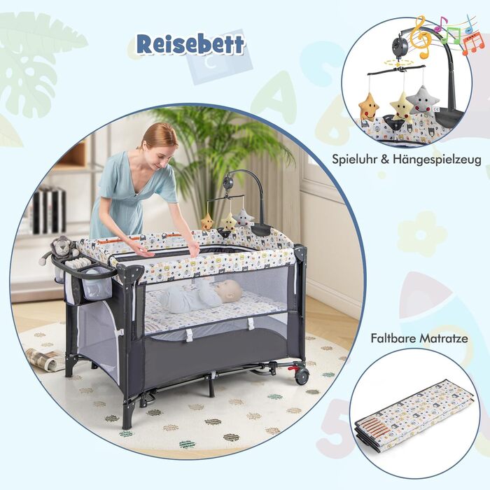 Дитяче ліжечко COSTWAY 5-в-1, дорожнє ліжечко з матрацом, регульована по висоті тумбочка з пеленальний столик, ремені безпеки, музичний мобіль та підвісні іграшки, колиска/колиска з колесами для малюків, сірий колір