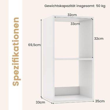 Книжкова полиця COSTWAY з 2 відділеннями, кубічна полиця, окремостояча полиця, відкрита полиця, полиця для зберігання для вітальні, кабінету, офісу, сучасна, біла, 2 відділення (35 x 33 x 69,5 см)