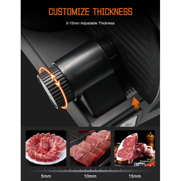 Електричний нарізувач їжі з нержавіючої сталі - Регульований кухонний комбайн від 0 до 15 мм - 2 леза - Нарізка ковбаси - Нарізка хліба, нарізка шинки, м'ясо (150 Вт 2 леза чорний)