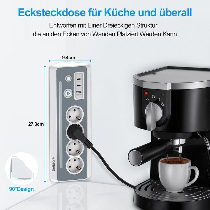 Розетка з USB і 2 Type-C, кутова розетка на 4 відділення, кутова розетка зі світлодіодним підсвічуванням, захист від перенапруги 3