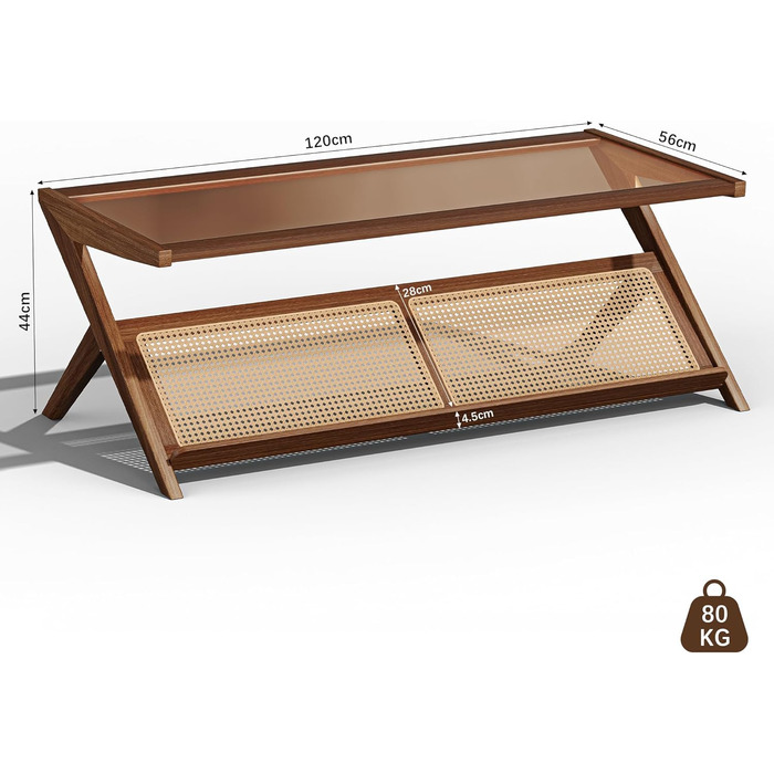 Скляний журнальний столик, 120 x 56 x 44 см, сучасний прямокутний журнальний столик, що підходить для вітальні, квартири та тераси, темний горіх