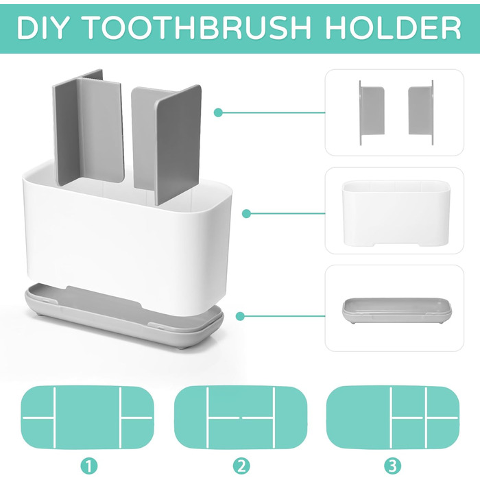 Тримач для зубних щіток, електричний органайзер для зубних щіток, регульована пластикова підставка для зубних щіток із неслизькою основою, 4 відділення для зубних щіток 2 слоти для зберігання