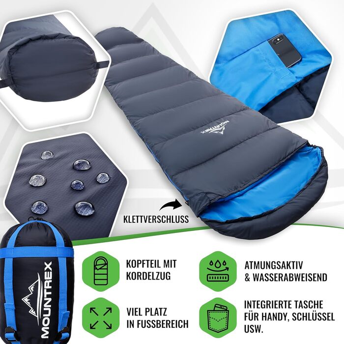 Спальний мішок MOUNTREX Зима Літо - Маленька упаковка та надлегкий (760 г/1500 г) - Літній спальний мішок для кемпінгу на природі (100 г/м) / Зимовий спальний мішок (300 г/м) Мумія-спальний мішок Теплий та зручний темно-синій/синій літній спальний мішок