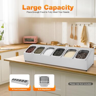 Контейнерів для інгредієнтів з сітки, контейнери для інгредієнтів з нержавіючої сталі, контейнери для гарнірів, барні контейнери, для ресторанів, магазинів хот-потів, магазинів молочного чаю, фруктових магазинів, 2 л x 6, 104 x 22,5 x 22 см, 6