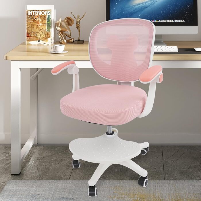 Дитячий офісний стілець для дітей віком від 6 років, регульований по висоті обертовий стілець, ергономічний офісний стілець з підлокітниками, спинкою та колесами, стілець для хлопчиків та дівчаток (рожевий)