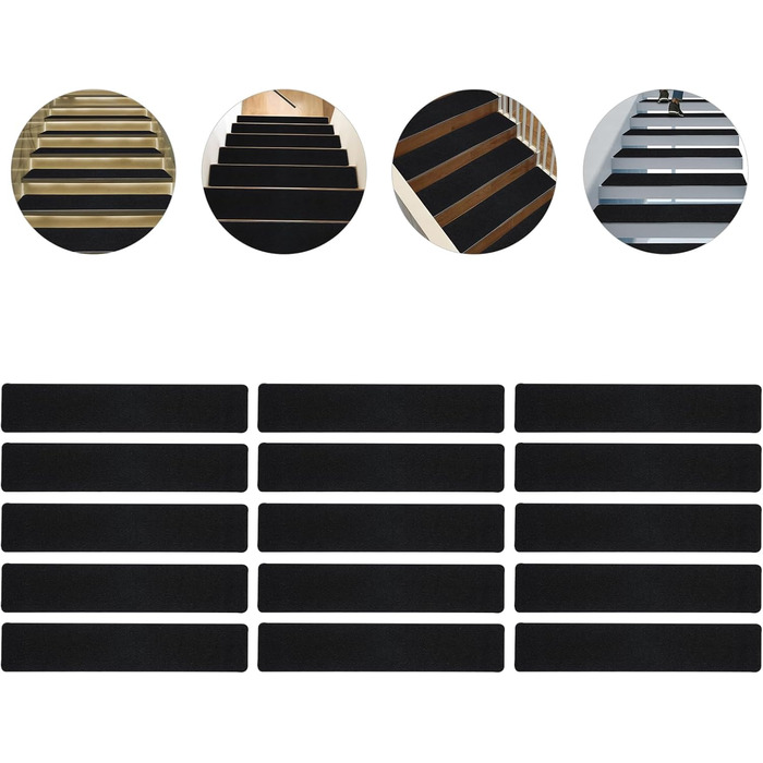 Комплект із 15 фетрових сходинок, 60x12 см, самоклеючі, чорні, нековзні, шумопоглинаючі для використання всередині приміщень, безпечні для дітей та домашніх тварин, килимове покриття для сходів