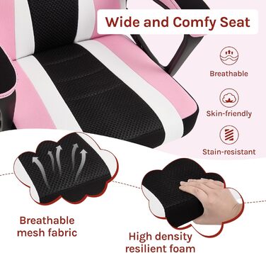 Ігрове крісло WOLTU для дітей, ергономічне дитяче робоче крісло зі спинкою та підлокітниками, для дитячих кімнат, з універсальними колесами та колесами з обважнювачами, сітчаста тканина, рожевий