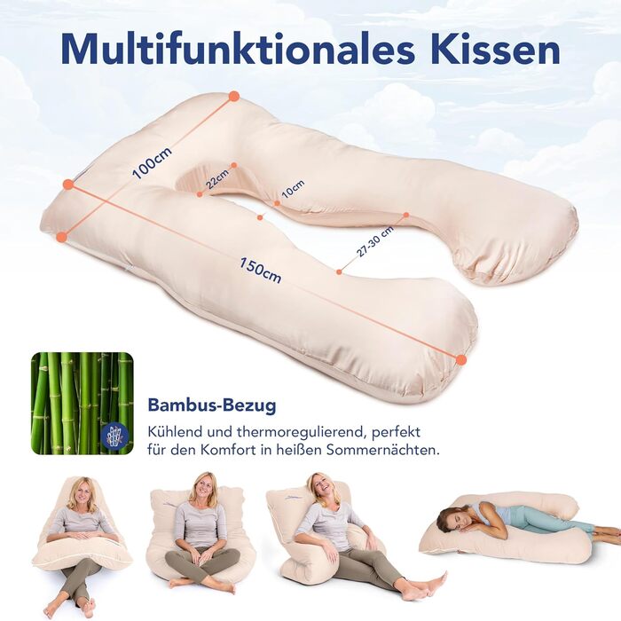 Подушка для сну на боці MKS з чохлом Комфортна подушка (100 x 150 см) Подушка для сну Подушка для сну на боці U-подібної форми Ергономічна преміальна охолоджувальна м&39яка подушка (бамбук (Охолоджувальна) / бежевий) бежевий - бамбук