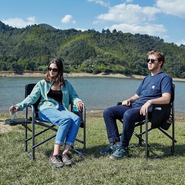 Складане кемпінгове крісло TIMBER RIDGE з 2 предметів, надлегке 3,3 кг, крісло директора, складне, вантажопідйомність 180 кг, з бічним столиком, рибальське крісло з бічною кишенею та тримачем для напоїв, портативне для кемпінгу, риболовлі, пляжу, пікніка,