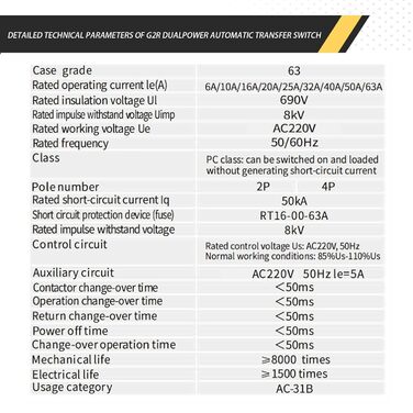 Автоматичний перемикач живлення з подвійним живленням 2P 63A 220V ATS Фотоелектричний перемикач 2 положення Аварійний перемикач живлення з подвійним живленням для побутових та промислових установок G2R-2P 63A 220V