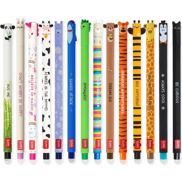 Набір LEGAMI з 14 гелевих ручок, що стираються, з термочутливим чорнилом, що стирається, різні кольори чорнил та дизайни корпусу, наконечник 0,7 мм, малюнки тварин, панда, кролик, єдиноріг тощо.