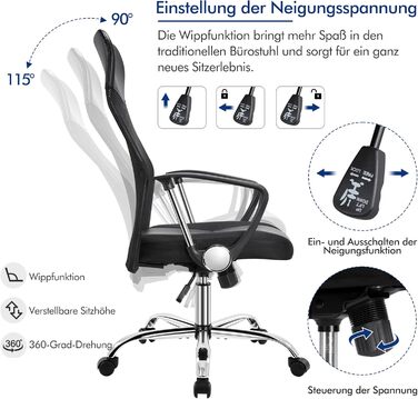 Офісний стілець Yaheetech, ергономічний стілець для роботи з високою спинкою, обертовий стілець, регульована висота з м&39яким сидінням, вантажопідйомність до 135 кг, сітка, чорний