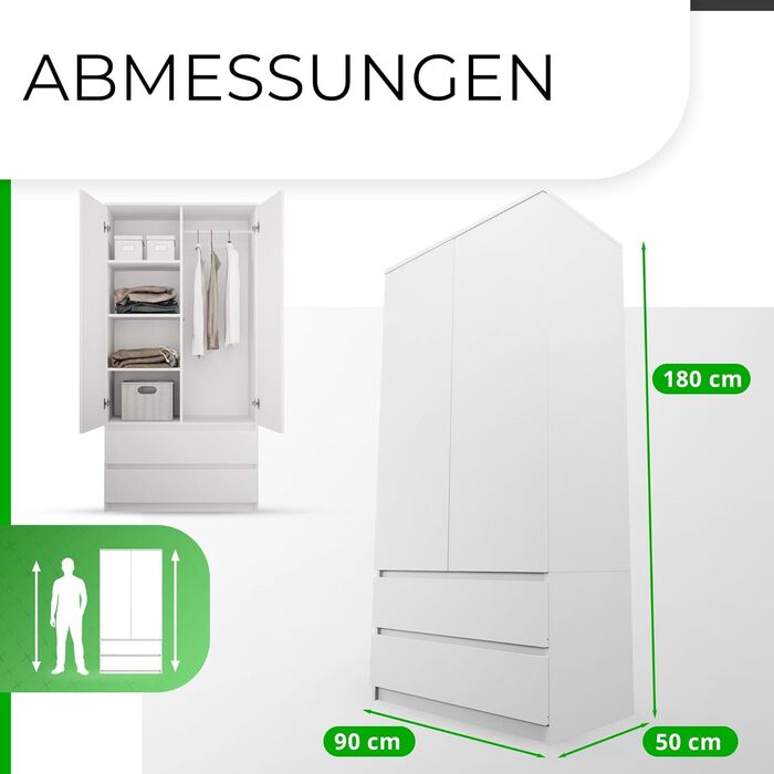 Шафа CDF Біла, ширина 90 см, дитяча кімната, спальня, 2 шухляди, 2-дверна шафа, сучасний вигляд, все для складання, одяг, іграшки