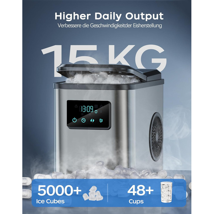 Машина для льоду з нержавіючої сталі KeeGone зі світлодіодним дисплеєм, льодогенератор Льодогенератор і функція очищення, резервуар для води на 2 л, включаючи лопату для льоду та кошик, 2 розміри кубиків льоду для кухні, офісу, бару та вечірки