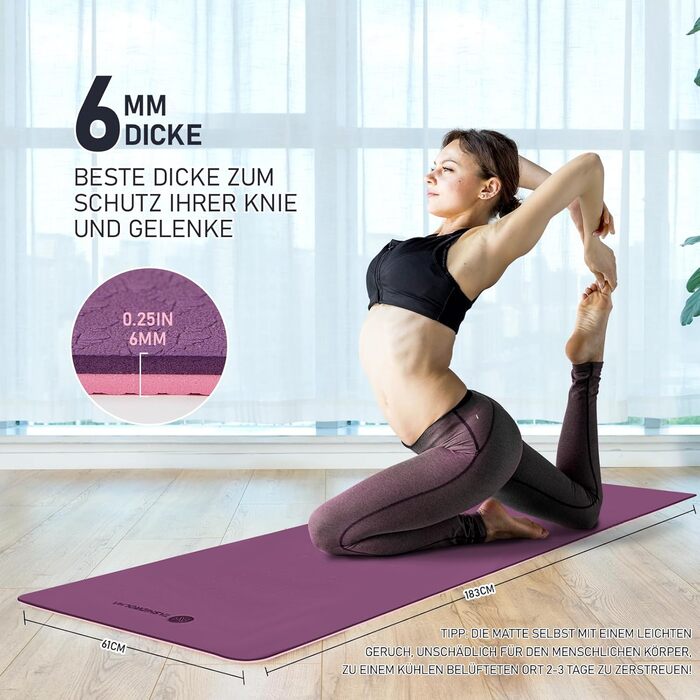 Нековзний килимок для йоги, килимок для вправ з ремінцем для перенесення, спортивний килимок для тренажерного залу, для дому, подорожей, 183x61 см, фіолетовий/рожевий