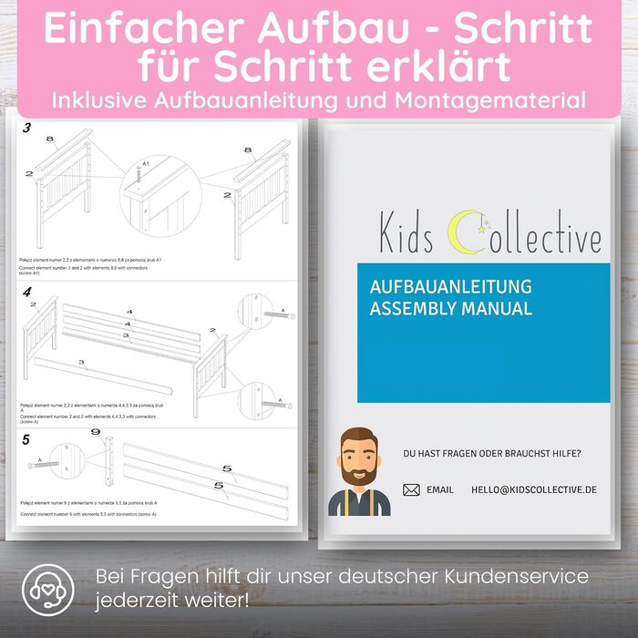 Дитяче ліжко-горище 90x200 см з поручнями та двома рейковими основами білого кольору Ліжко для дівчаток та хлопчиків Дитяче ліжко Підліткове ліжко 90x200 см Для дітей віком від 4 до 18 років 90 x 200 см (матраци не входять до комплекту) Білий