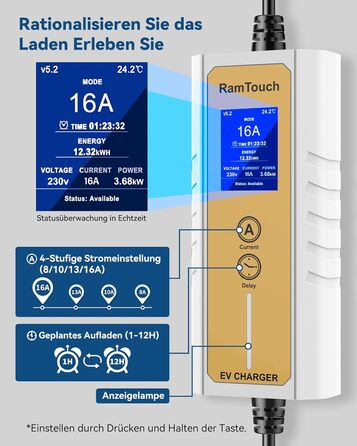 Зарядний кабель RamTouch для електромобілів типу 2 Schuko (3,7 кВт, 6,5 м), мобільна настінна коробка Schuko з регульованою та зап