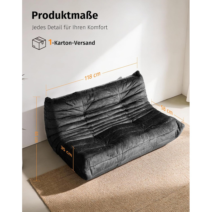 Диван з пінопласту без кісток зручний підлоговий диван з ергономічним дизайном, не потребує складання, диван-мішок для вітальні, спальні, квартири, ігрової кімнати та офісу, чорний двомісний